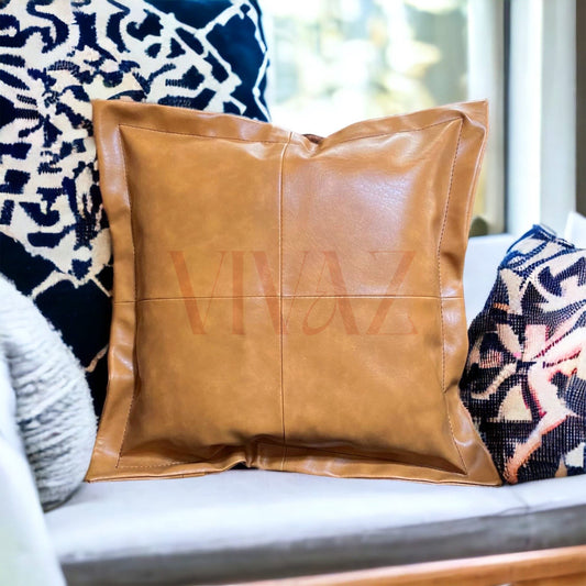 Vegan Faux Leather Cushion Cover | Handmade Modern Home Decor | Boho Rustic Pillow | rustic decor | cruelty-free materials | Tan | Brown - Vivaz Designs